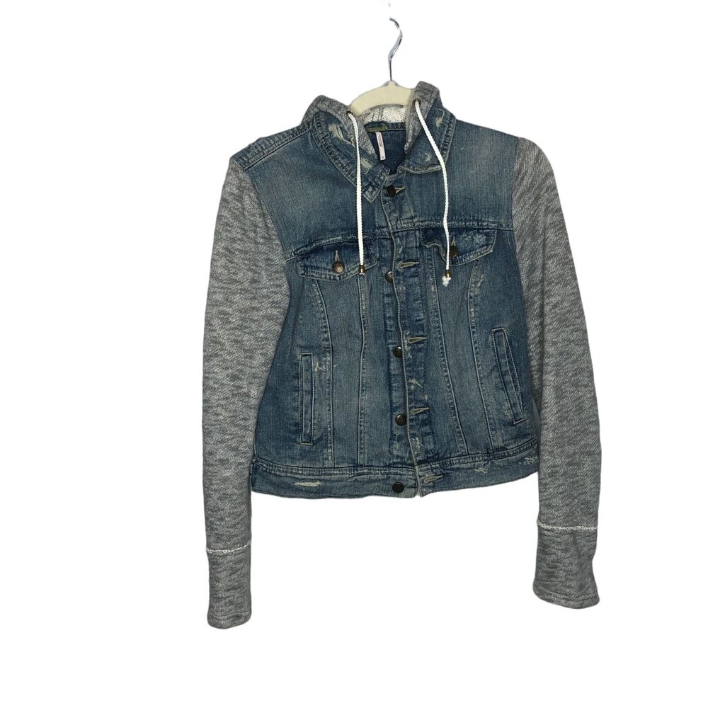 Free People Jacket Womens Small Denim Hooded Knit Distressed Light Wash